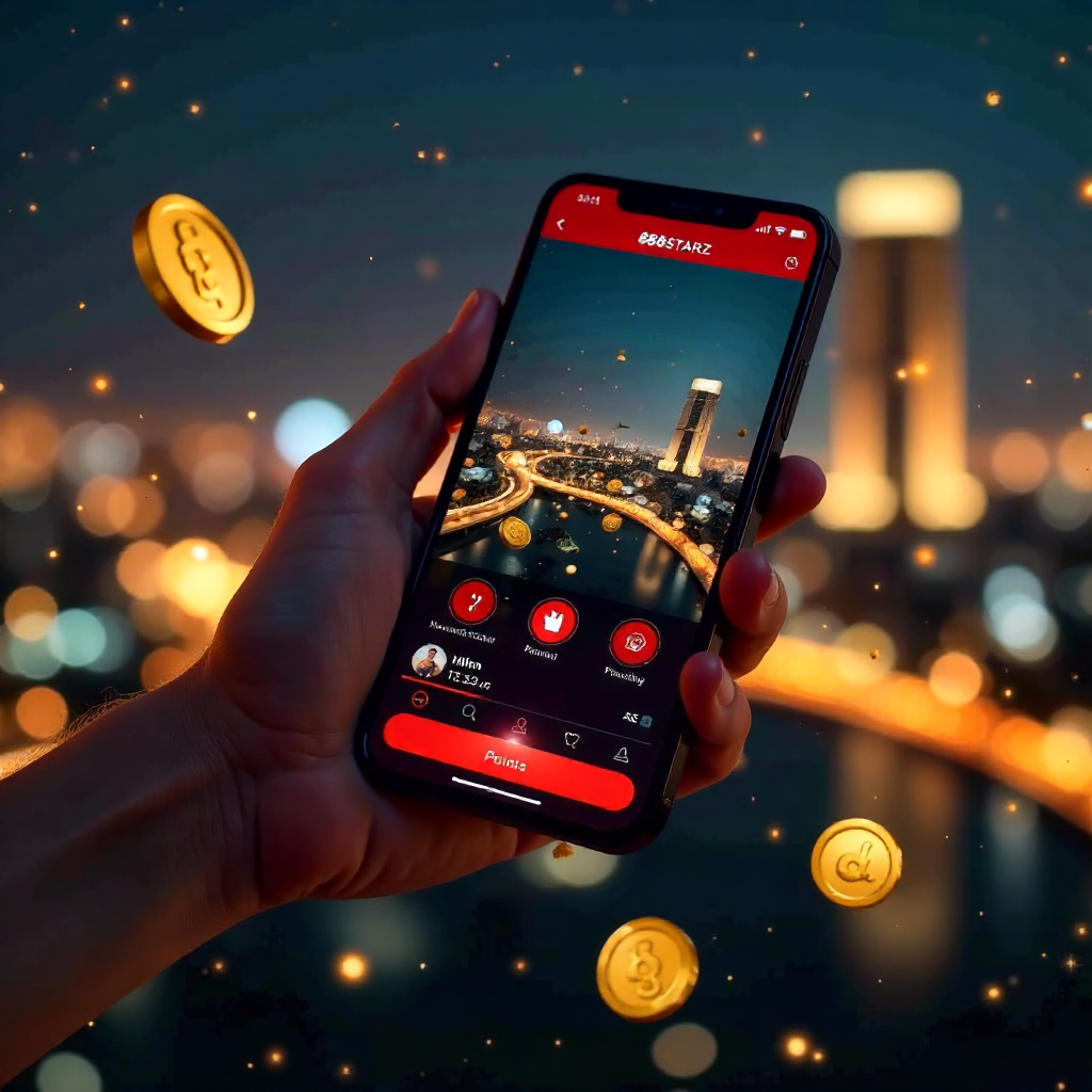 A hand holding a luxury smartphone displaying the official 888starz Uzbekistan app with a sleek red and black interface, background is the Tashkent City skyline and Hilton tower at night with vibrant golden bokeh lights, 3D golden coins and a soccer ball 